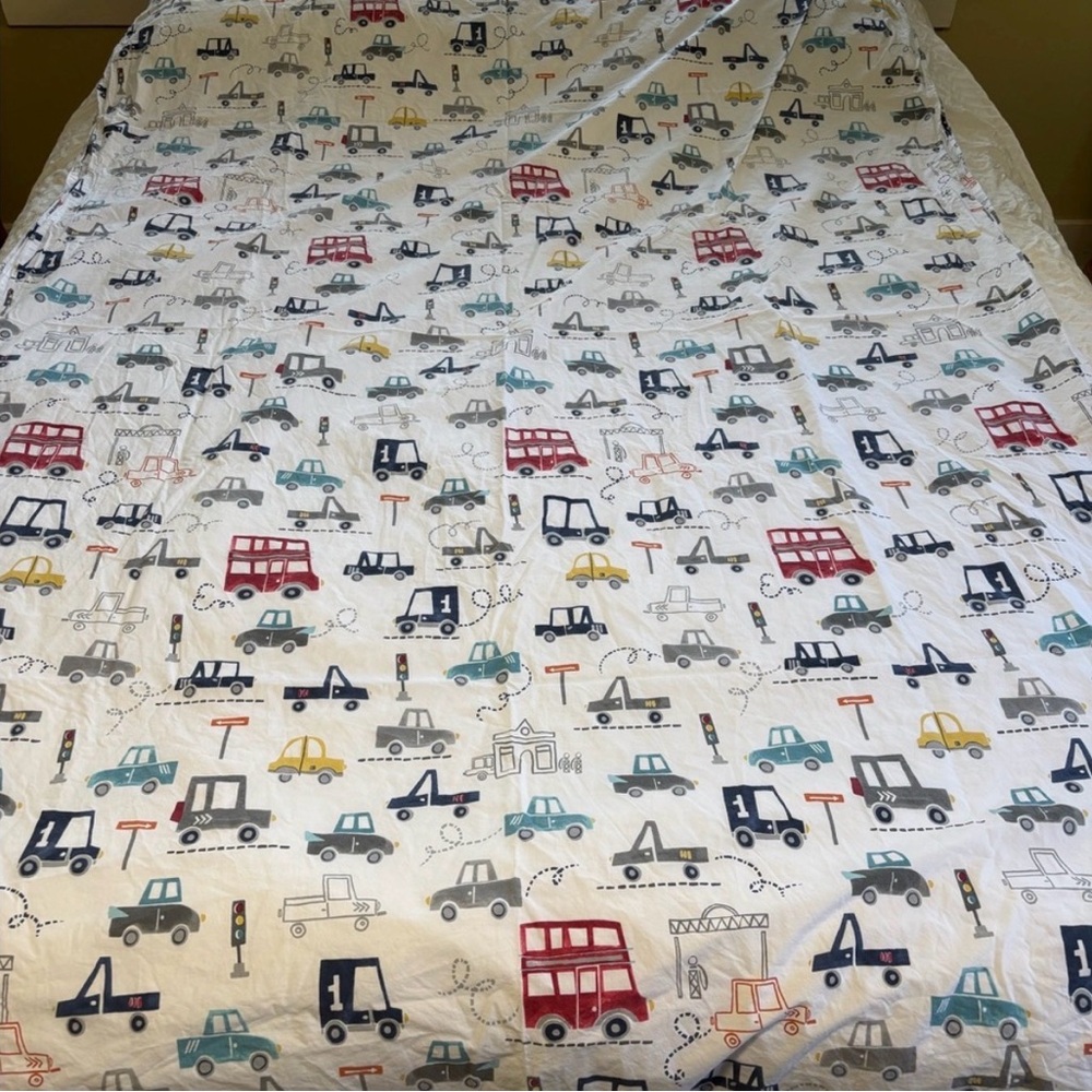 Pottery Barn Kids Twin SHEET SET Jax Things That Go Cars Trucks Vehicles Bedding